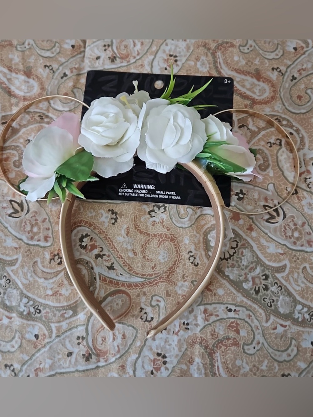 Disney Floral Gold Mouse Ear Headband with White and Pink Roses